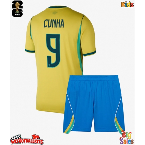 Brazil Matheus Cunha #9 Replica Home Stadium Kit for Kids World Cup 2026 Short Sleeve (+ pants)